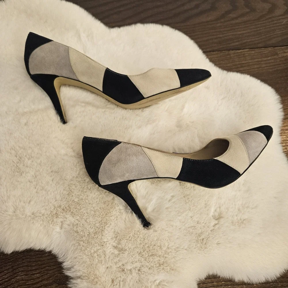 BCBGeneration Womens 8M Suede Patchwork Pumps Black Gray Cream Pointed Toe— Chic